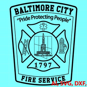 Könnte beinhalten: Schwarz-weißes Baltimore City Fire Service-Emblem. Das Emblem zeigt den Text "BALTIMORE CITY" und "Pride Protecting People". Die Mitte enthält ein Bild der Freiheitsstatue, eine Leiter und einen Hydranten. Das Jahr 1797 ist ebenfalls abgebildet.