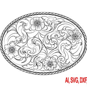 May include: An oval black and white floral design with detailed patterns. The design includes stylized flowers and swirling elements, framed by a rope-like border. The text at the bottom reads "AI, SVG, DXF, PNG".