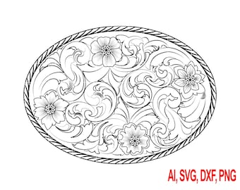Può includere: Design floreale ovale in bianco e nero con dettagli intricati. Il design presenta fiori stilizzati e motivi a spirale, racchiusi da un bordo a forma di corda. Il testo in basso recita "AI, SVG, DXF, PNG".