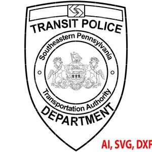 May include: Black and white illustration of a badge for the Southeastern Pennsylvania Transportation Authority Transit Police Department. The badge features a shield with the text "TRANSIT POLICE" at the top and "DEPARTMENT" at the bottom. The center of the shield features the state seal of Pennsylvania.