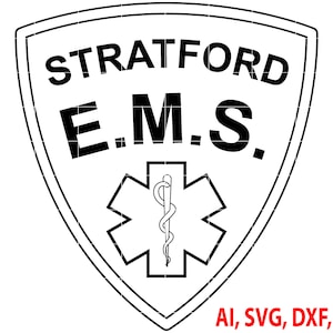 Pode incluir: Logotipo preto e branco de Stratford E.M.S. O logotipo tem a forma de um escudo com as palavras "STRATFORD" e "E.M.S." em negrito, com fonte sem serifa. Um emblema branco da Estrela da Vida está no centro. O canto inferior direito tem o texto "AI, SVG, DXF, PNG".