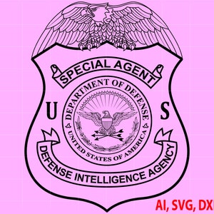 Könnte beinhalten: Schwarz-weiß-Illustration eines Abzeichens mit dem Text "SPECIAL AGENT" und "U.S. DEPARTMENT OF DEFENSE DEFENSE INTELLIGENCE AGENCY".