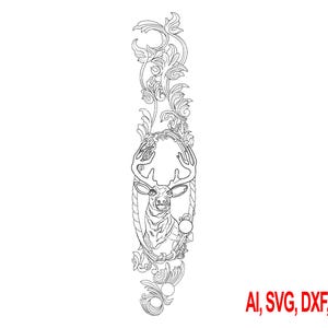 May include: Black and white line art of a deer head within an oval frame, surrounded by ornate floral and leaf designs. The image includes the text "AI, SVG, DXF, PNG" in red.
