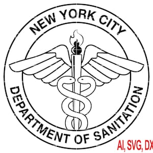 May include: Black and white New York City Department of Sanitation logo. The circular design features a caduceus symbol with wings, a flame, and the text "NEW YORK CITY DEPARTMENT OF SANITATION".