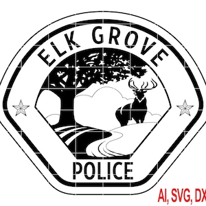 May include: Black and white Elk Grove Police badge design. The badge features a tree, a deer with antlers, a winding road, and the text "ELK GROVE POLICE". Two stars flank the central image.