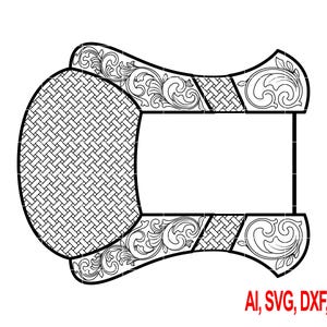 May include: Black and white vector graphic of a decorative object with a woven pattern on the left and a rectangular space in the center. The edges feature ornate scrollwork. The text "AI, SVG, DXF, PNG" is in red.