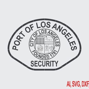 May include: A black and white graphic emblem featuring the text PORT OF LOS ANGELES SECURITY in a curved layout. The central circular seal displays the City of Los Angeles crest with a bear, stars, and historical symbols, including the text FOUNDED 1781.