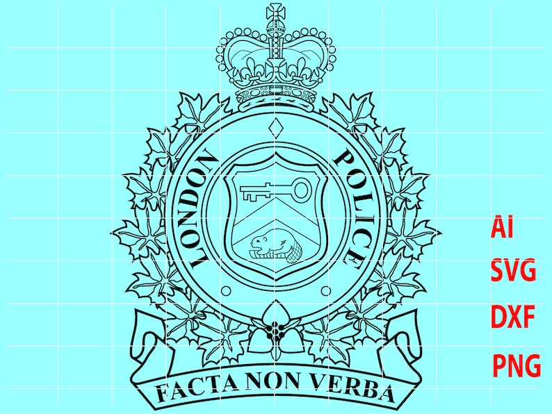 May include: Black and white illustration of the London Police Service crest. The crest features a crown, maple leaves, a shield with a key and a beaver, and the words "London Police" and "Facta Non Verba".