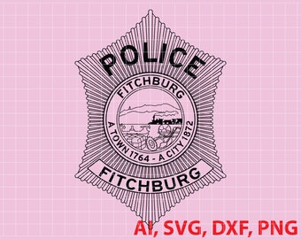 A Town A City Placa de policía de Fitchburg, Logo, Sello, Personalizado, Ai, Vector, SVG, DXF, PNG, Digital