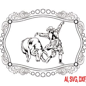 May include: Black and white illustration of a bullfighter and a bull within an ornate oval frame. The bullfighter is in motion, and the bull is charging. The frame has a decorative border with circles. Text at the bottom reads: AI, SVG, DXF, PNG.