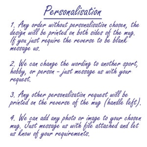 Peut inclure: Image avec le mot "Personnalisation" en &eacute;criture cursive. Le texte explique les options de personnalisation pour une tasse, y compris l'impression recto-verso, la modification du texte et l'ajout de photos. Coordonn&eacute;es fournies.