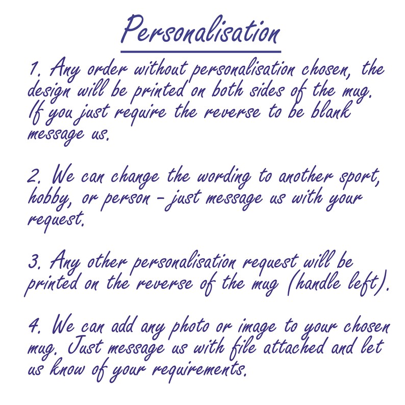 Peut inclure: Image avec le mot "Personnalisation" en &eacute;criture cursive. Le texte explique les options de personnalisation pour une tasse, y compris l'impression recto-verso, la modification du texte et l'ajout de photos. Coordonn&eacute;es fournies.