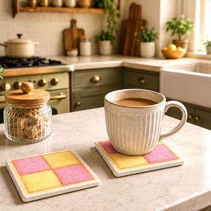 May include: Two square ceramic coasters featuring a checkered pattern of alternating light pink and pale yellow squares. One coaster sits beneath a ribbed cream-colored ceramic mug filled with a brown beverage, while the other lies flat nearby.