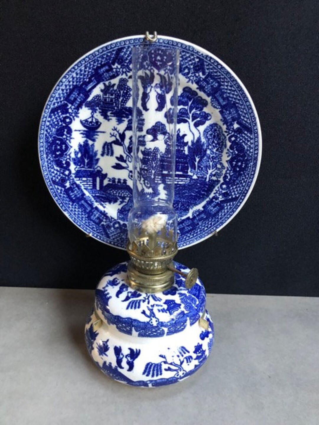 Vintage Oil Lamp JAPAN Porcelain Blue and White Japan Blue Willow