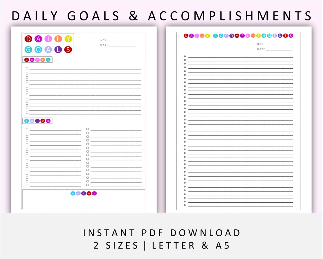 Daily Goals and Pages 2 Sizes Letter & A5 Rainbow