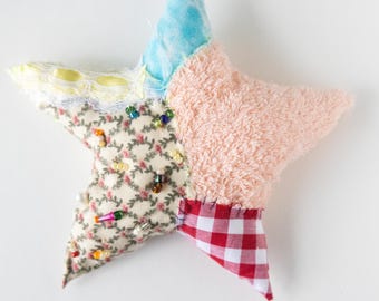 Collaged Star Brooch – Upcycled Fabric Textile Pin with Bead Detail