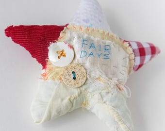 Collaged Fabric Star Brooch – Upcycled Textile Pin with Button Detail