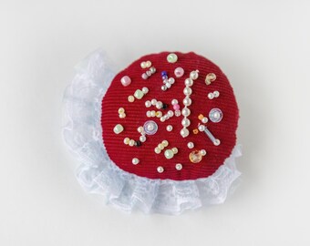 Contemporary Accessory Red Fabric Beaded Brooch – Handmade Textile Pin Fashion Upcycled Textiles – Corduroy, Ribbon