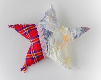 Collaged Star Brooch – Punk Textile Art, Upcycled Fabric Pin