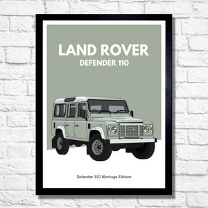 May include: A green Land Rover Defender 110 Heritage Edition poster with a white background. The poster features a line drawing of a Land Rover Defender 110.