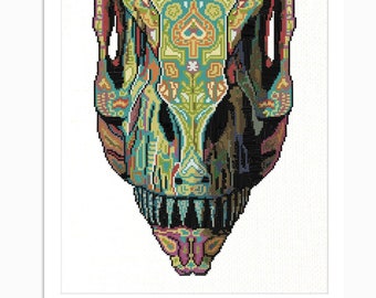 Scull Cross Stitch patroon Etnisch ornament Tribal patroon Witchy Art Cross Stitch Boho Design Modern borduurwerk Geteld kruissteek