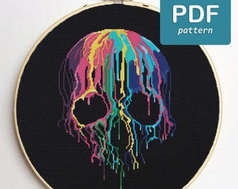 Colour Scull Cross Stitch Color Scull Witchy Cross Stitch Occult Cross Stitch PDF Pattern Neon Cross Stitch Tee Scull Pattern