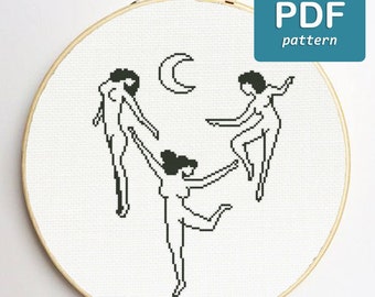 Heksendans kruissteek Heksenkruissteek Occulte kruissteek Hekserij Vrouwen Power Cross Stitch Gemakkelijke kruissteek Wicca kruissteek