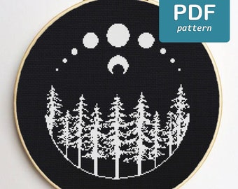 Maanbos Kruissteekpatroon Monochrome kruissteek Heksenkruissteek Occulte kruissteek Wicca-kruissteek Volle maan natuur