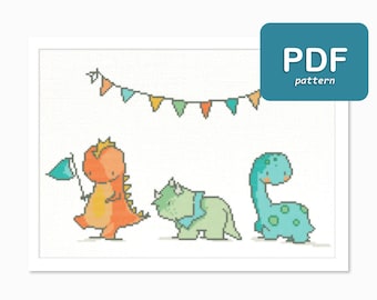Dinosaurus kruissteekpatroon Dino baby's kruissteek kruissteek babykamer kinderkamer schattige steek babypatroon kinderfeestje Leuke kruissteek