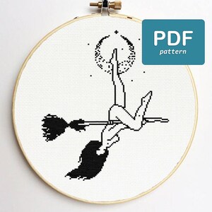 May include: Black and white cross stitch pattern of a witch flying on a broomstick with a crescent moon and stars in the background. PDF pattern.