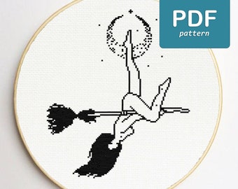 Vliegende heks kruissteekpatroon Witchy cadeau Halloween kruissteek eenvoudige kruissteek Pagan X Stitch Boho kunst aan de muur Wicca kruissteek