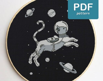 Space Cat Cross Stitch Space Stars Planeten Cross Stitch Spaceman Cross Stitch Kitty Astronaut Cross Stitch Zwart-witte kruissteek