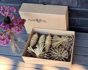 Christmas Tree Decoration Set of 12 Handmade Natural Straw Ornaments: Straw Snowflakes, Straw Angels, Straw birds and pine cone straws