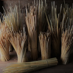 Può includere: Fasci di canne naturali essiccate, di colore marrone chiaro, legate insieme con lo spago. Le canne sono disposte in fila su una superficie di legno.