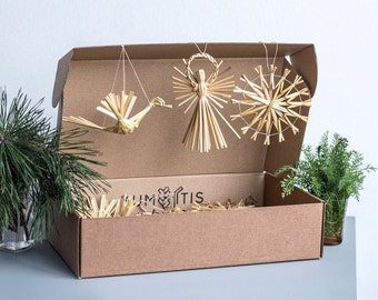 Handmade Straw Christmas Ornament Set, Eco-Friendly Scandinavian Decor