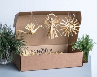 Christmas Tree Decoration Set of Handmade Natural Straw Ornaments. Straw Snowflakes, Straw Angels, Straws birds. Eco-friendly.