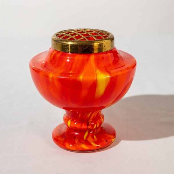 Art Deco Czech red and orange blown glass vase with metal flower frog lid.