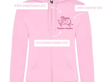 Veste zip rose pastel personnalisée brodée passe couloir soignant - étudiante infirmière - puériculture - aide soignant - manip radio...