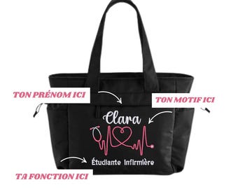 May include: Black tote bag with a pink stethoscope and heart beat graphic. The text "Clara" is embroidered on the bag, along with the text "Étudiante Infirmière".