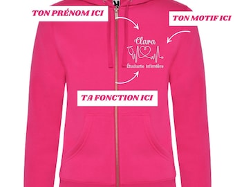 Veste zip fushia personnalisé brodée passe couloir soignant - étudiante infirmière - puériculture - aide soignant - manip radio et autres