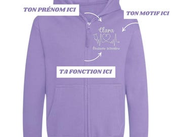 Veste zip violette personnalisé brodée passe couloir soignant - étudiante infirmière - puériculture - aide soignant - manip radio et autres