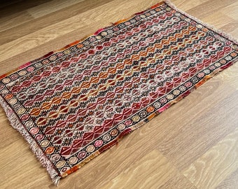 1'7"x2'11" Colorful Moroccan Style Vintage Kilim Rug, Small Orange-Black-White-Red Kilim Rug, Handmade Anatolian Rug, Geometric Ethnic Rug