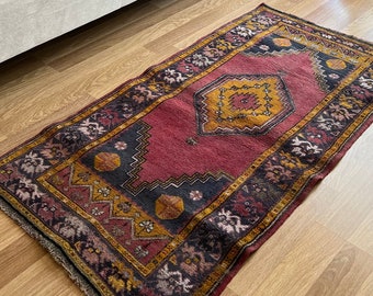 2x5 Unique Pink-Yellow Vintage Rug, Small Area Old Rugs, Colorful Mini Bedroom Rugs,Turkish Rug Carpets,Oushak Antique Rug,Small Floor Rugs