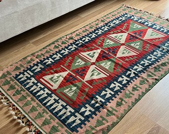 3x5 Bohemian Colorful Kilim Vintage Rug, Tasseled Anatolian Kilim Carpet, Red-Blue-Green Washable Wool Rug,Moroccan Style Handmade Kilim Rug