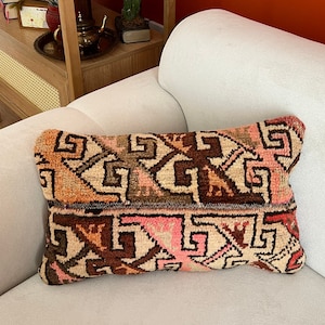 12x20 Geometrische Tribal Muster Kilim Kissenbezug, Landhaus Stil Vintage Kilim Kissenbezug, Einzigartiges Bauernhaus Wurfkissen, Orange Braunes Kissen