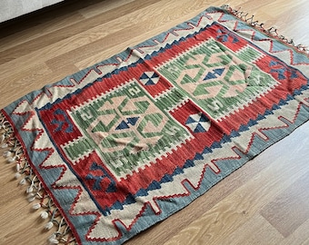2x3 Multicolor Geometric Turkish Kilim Rug, Tasseled Washable Kilim Rug, Boho Style Home Decor, Housewarming Gift, Colorful Small Kilim Rug