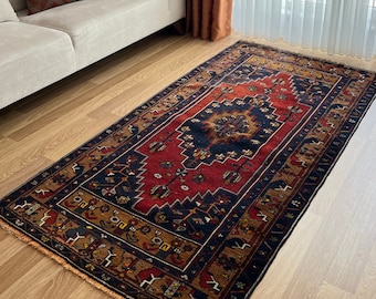 Blåröd vintage handvävd matta 3x7, turkisk orientalisk matta, dekorativ present till sovrum eller vardagsrum, turkisk handgjord kelim, tvättbar matta 3x7