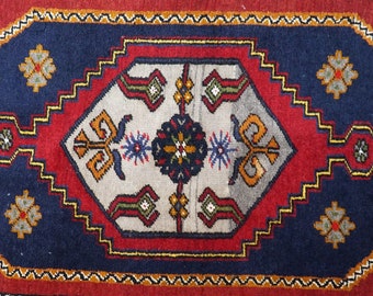 3x6 Red Blue Classic Turkish Rug, Handmade Wool Anatolian Rug, Antique Oushak, Oriental Rug for Unique Decoration, Colourful Kilim Carpet