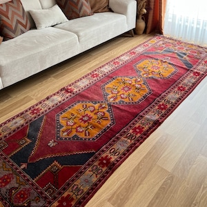3x9 Red Runner,Old Turkish Runner Rugs,Colorful Vintage Runner,Entryway Rugs,Vintage Hallway Rugs,Red-Yellow Runner,Antique Runner Rugs