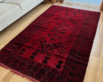 4x7 Dark Blue-Red Vintage Rug,Oushak Red Rugs,Handmade Area Rug,Decorative Floor Rugs,Vivid Red Carpet,Livingroom Rugs,Antique Turkish Rug